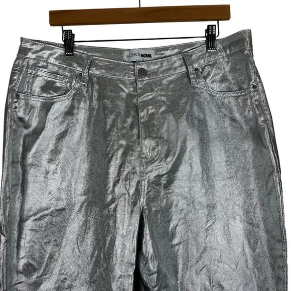 Fashion Nova Felt A Spark Silver Metallic Straight Leg Pants - Picture 3 of 6